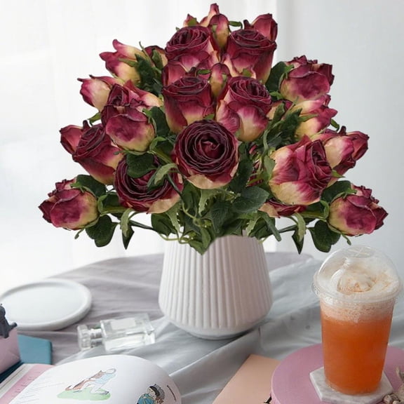 Outoloxit 6-Pack Artificial Faux Roses Burgundy Burned Edge Wedding Bouquet Home Decor Realistic Silk-Like Flowers for Centerpiece Table Photography Props