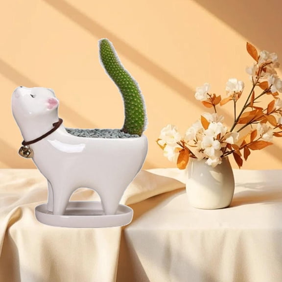 Outoloxit Cats Tail Planter, Ceramic Geometric Cutout Cartoon Flower Pot for Home and Office Decor, Breathable and Easy to Clean Personalized Ornament