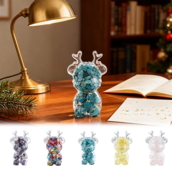 Outoloxit Christmas Deer Ornaments, 3D Resin Desktop Figurine with Crystal Rocks for Home Desk, Bookshelf, Coffee Table, Holiday Season Decorations and Christmas Gifts