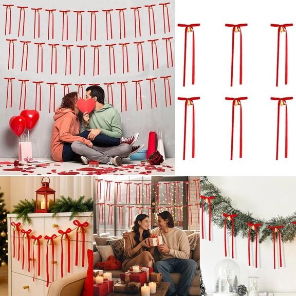 Outoloxit Christmas Red Bow Bells Hanging Decorations 6 Pack, Flock & Iron Festive Ornaments for Tree, Wall, Window, Arch Holiday Party Home Decoration