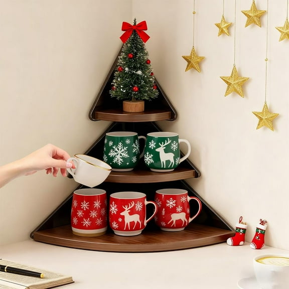 Outoloxit Christmas Tree Shaped Corner Shelf - 3 Tier Desktop Storage Rack for Kitchen Office Decor, Space Saving Organizer for Cups Plants Small Objects
