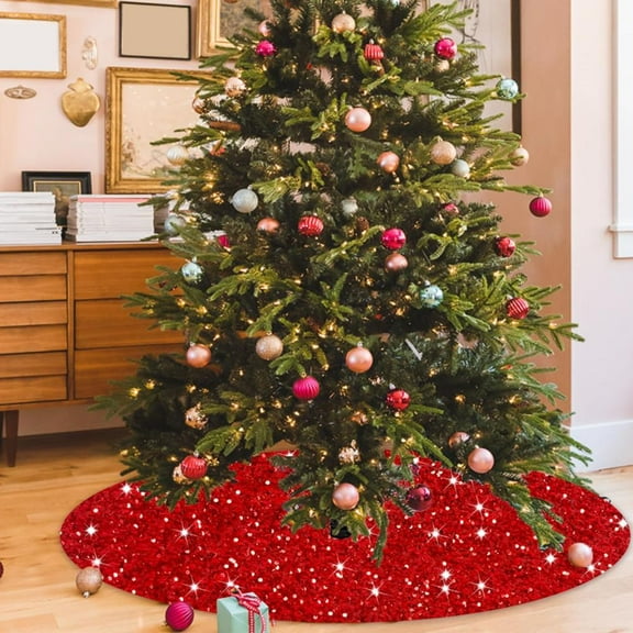Outoloxit Christmas Tree Skirt 48x48 Inch Sequins Round Sparkling Non-Slip Holiday Decor for Living Room and Bedroom