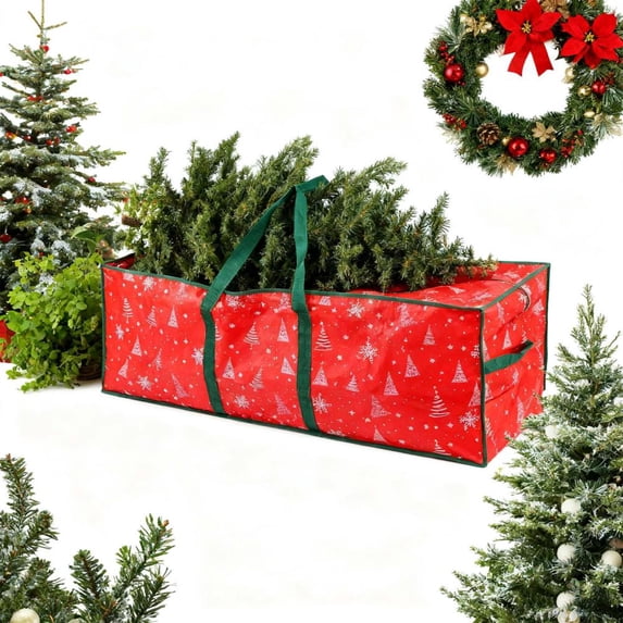 Outoloxit Christmas Tree Storage Bag with Red Holiday Design, Fits Up to 7.5ft Tree (48x20x15 in), Waterproof Polyester Dust-Proof Organizer for Xmas Decorations, Wreaths, Ornaments