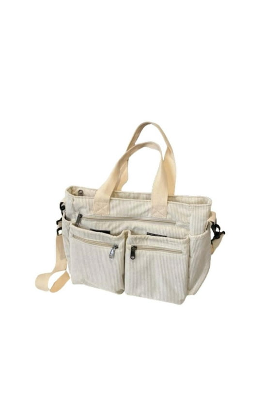 Corduroy Multi-Compartment Tote Bag, Large Capacity Organizer with Adjustable Strap for Work & Travel