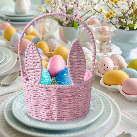 Outoloxit Easter Bunny Basket for Toddlers, Large Woven Storage Basket with Long Ears for Eggs Candy Toys, Multi-Purpose Kids Gift Basket for Home Decor Organization (10.24x7.87x6.3in)