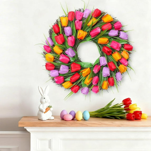Outoloxit Easter Wreath for Front Door Artificial Tulips Floral Door Hanger Home Decor 45cm No Maintenance Fade Resistant