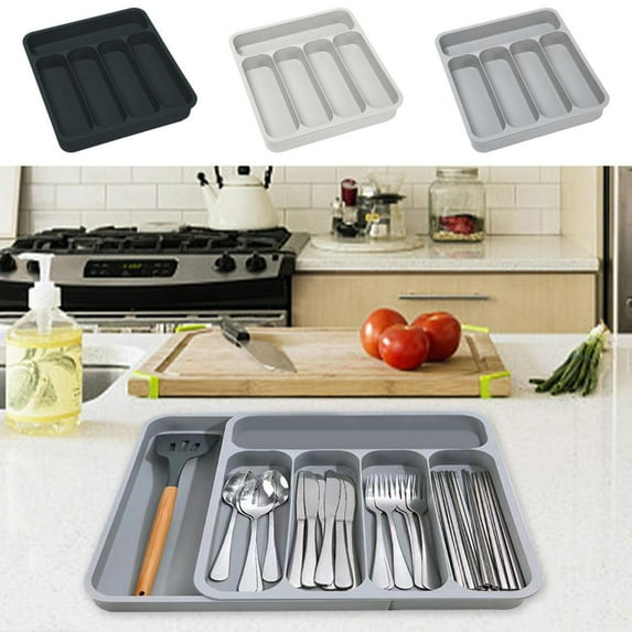 Outoloxit Expandable 5-Compartment Kitchen Drawer Organizer for Knives, Forks, Spoons and Chopsticks, Durable Food-Grade Plastic Utensil Storage Box