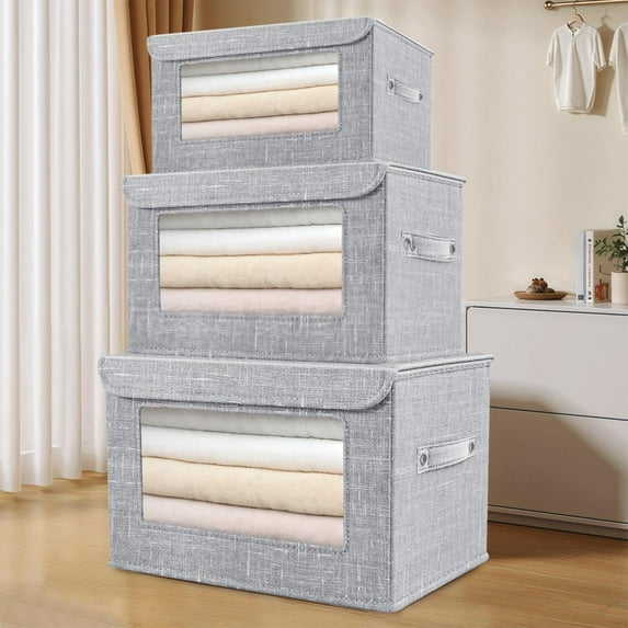Outoloxit Foldable Storage Box with Clear PVC Front Window, Large 16.9x18x18 Inch Fabric Bin for Home Organization, Toys and Clothes Storage