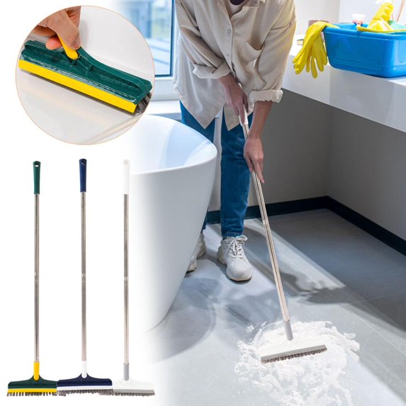 Outoloxit Long Handle Grout Brush for Bathroom Tile and Toilet Cleaning with V-Shaped Bristles and Rubber Scraper Multipurpose Floor Brush