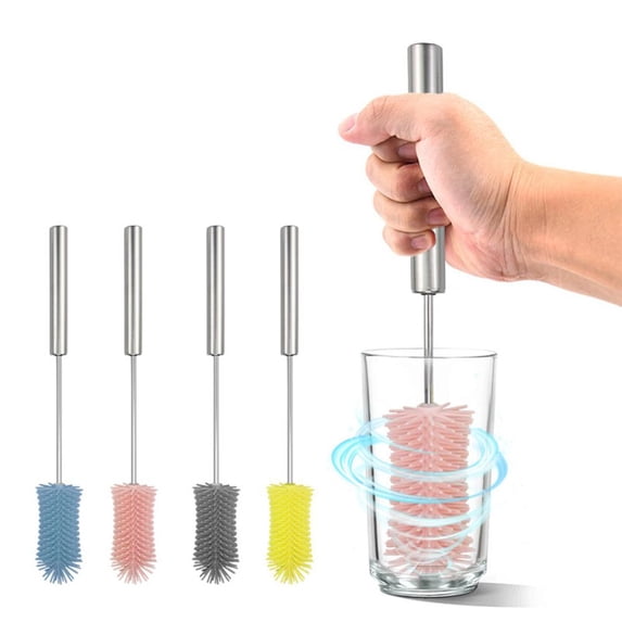 Outoloxit Long Handle Rotating Bottle Brush with Detachable Brush Head and Transparent Hooks for Cleaning Cups, Hydro Flasks, Wine Glasses, Mugs and Straws