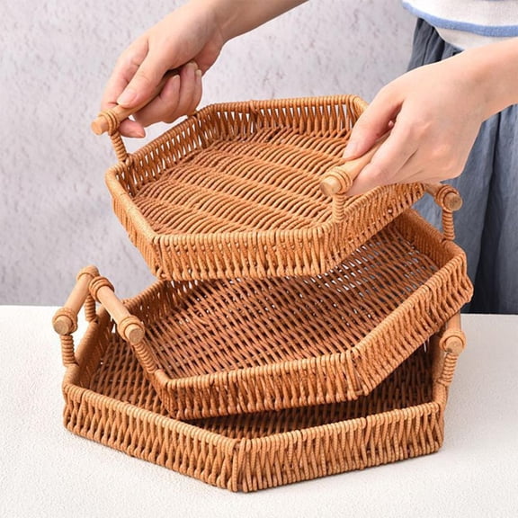 Outoloxit Rattan Storage Basket with Handles, Plastic Woven Organizer Bin for Kitchen Counter, Fruit Vegetables, Living Room, Picnic, 10.6x10.6x4 Inches