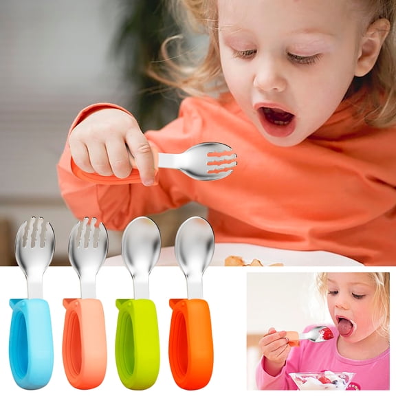 Outoloxit Short Handle Training Spoon and Fork Set, 316 Stainless Steel Elbow Design Baby Self Feeding Weaning Utensils for Toddlers, Kids Complementary Food Learning Spoon (1 Piece)