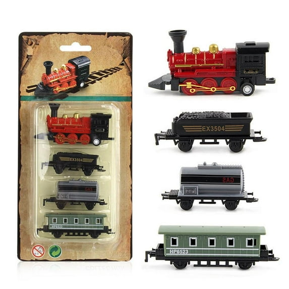 Outoloxit Steam Train Pull Back Toy for Kids, Alloy Model Train Set with 4 Cars, Mini Portable Vintage Gift for Children