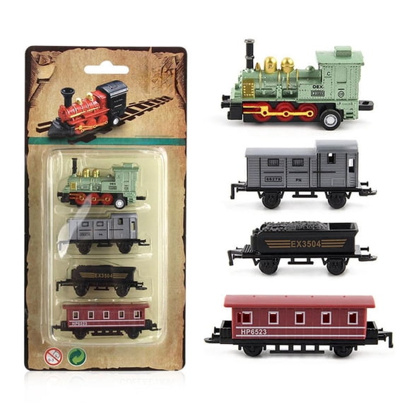 Outoloxit Steam Train Pull Back Toy for Kids, Alloy Model Train Set with 4 Cars, Mini Portable Vintage Gift for Children