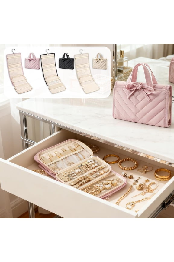 Travel Jewelry Organizer Bag Foldable Hangable Waterproof with Zipper Pockets Large Capacity for Rings Necklaces Earrings Bracelets Portable Travel Storage Ideal Holiday Gift
