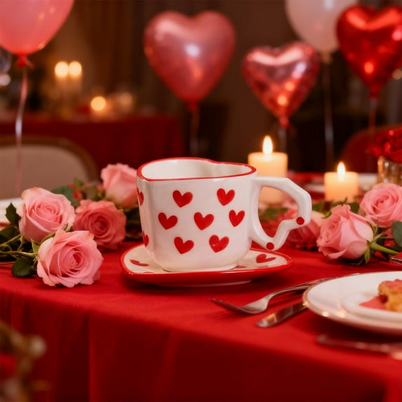 Outoloxit Valentine's Day Couple Mug Gift Set with Coaster, Heart-Shaped Ceramic Coffee Mugs for Him and Her, Anniversary or Wedding Present, Romantic Couples Gifts for Valentine's Day**