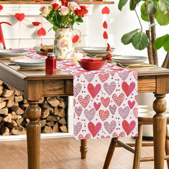 Outoloxit Valentines Day Table Runner Linen Polka Dot Heart Print Tablecloth for Holiday Party Dining Room Decoration Tea Party Table Mat