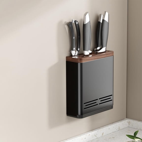 Outoloxit Wall-Mounted Knife Rack with Drain Tray, Walnut Wood and Aluminum Construction, Space Saving Kitchen Knife Organizer for Secure Storage, 7.87x7.12x2.36 Inches