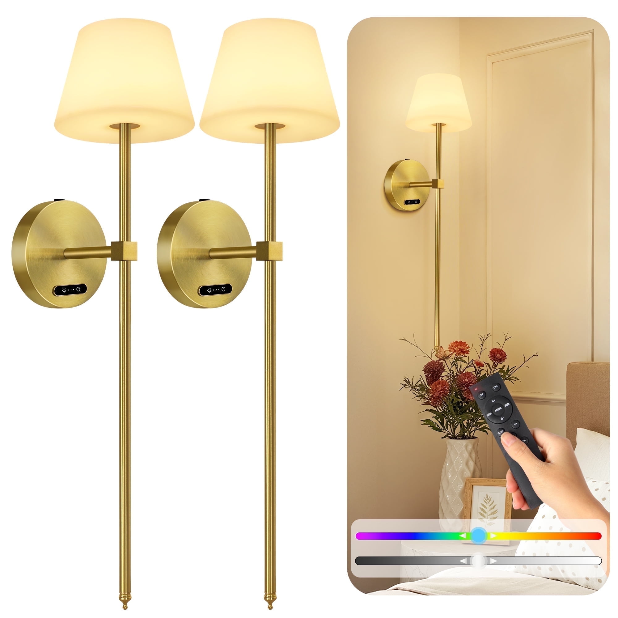 OUTON Battery Operated Wall Sconces Set of 2, Wireless Rechargeable 3 Color Temperature + RGB Indoor Wall Lights, 4 Brightness Level Remote Wall Lamps for Bedroom, Living Room Night Light