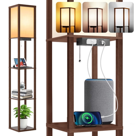 OUTON Floor Lamp with Shelves, Dimmable Floor Lamp with 3 Color Temperature, 1 USB Ports & 1 Type C Prots & 1 Power Outlet, Linenshade for Bedroom&Office&Living Room, Walnut