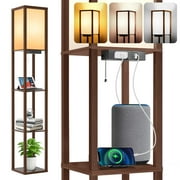 OUTON Floor Lamp with Shelves, Dimmable Floor Lamp with 3 Color Temperature, 1 USB Ports & 1 Type C Prots & 1 Power Outlet, Linenshade for Bedroom&Office&Living Room, Walnut