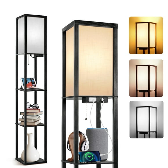 Outon Floor Lamp with Shelves, USB Port, 63.7'' Linen Shade Memory Function Shelf Floor Lamp Tall Wood Standing Floor Lamps for Living Room, Bedroom(Black)