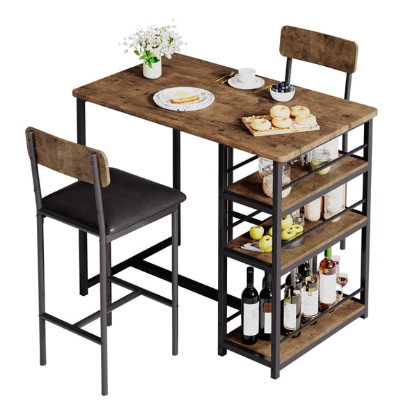 Outop 3 Piece Faux Leather Storage Dining Table with Chair Brown