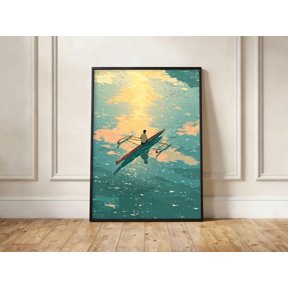Outrigger Canoe Print, Sunset Ocean Reflection, Serene Paddling Wall Art, Poster Only