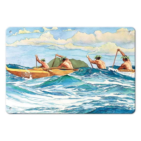 Outrigger at Sea (Ka Waʻa Ma Ke Kai) - Hawaiian Canoeing - From an Original Watercolor Painting by Janet Stewart - 8 x 12 inch Vintage Metal Tin Sign