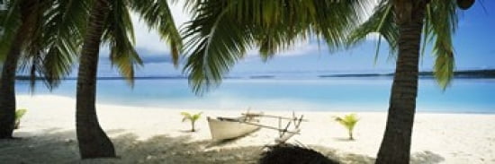 Outrigger boat on the beach Aitutaki Cook Islands Canvas Art - Panoramic Images (36 x 12)