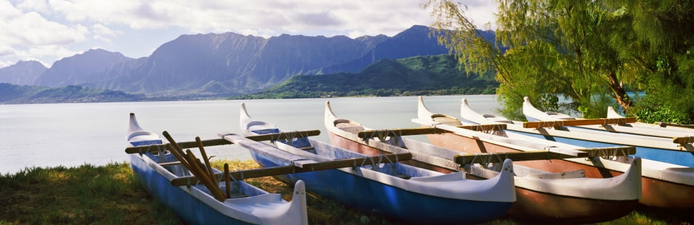 Outrigger canoes on the beach Oahu Hawaii USA Canvas Art - Panoramic Images (27 x 9)
