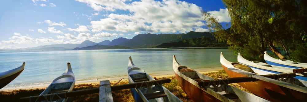 Outrigger canoes on the beach Oahu Hawaii USA Canvas Art - Panoramic Images (27 x 9)