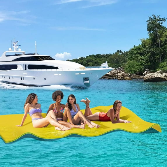 Outroad Floating Water Pad Mat, 3 Layers XPE Foam 9/12/18 Ft Lily Pad for Beach, Ocean, Lake, Roll-Up Floating Island for Water Recreation and Relaxing, Yellow and Blue