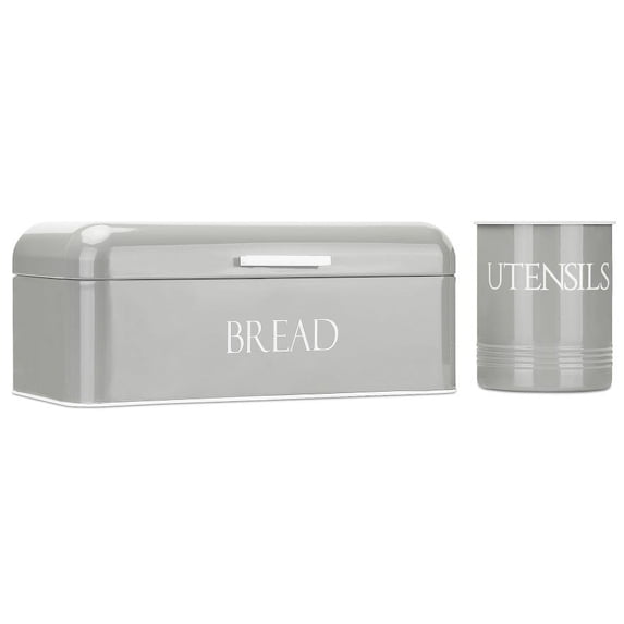 OUTSHINE Vintage Metal Bread Box & Kitchen Utensil Holder Set, Gray | Large Bread Box w/ Swing Up Lid | Farmhouse Bread Box & Utensil Holder for Countertop | Kitchen Decor | Housewarming Gift