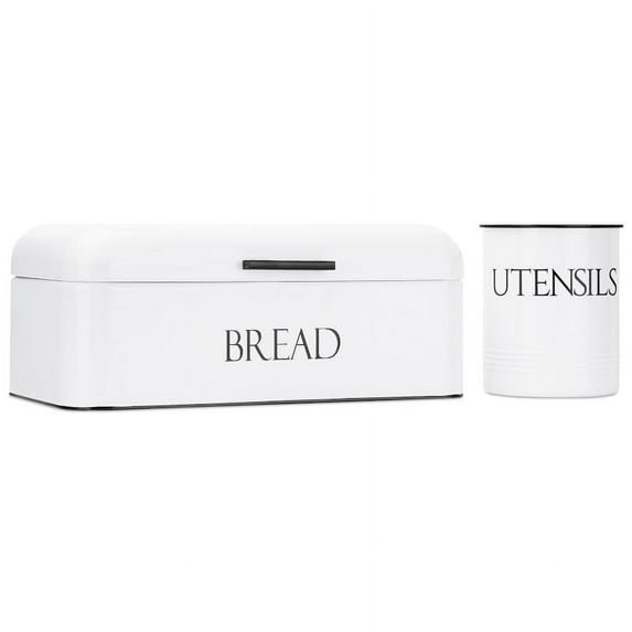 Outshine Farmhouse Vintage Metal Bread Box & Kitchen Utensil Holder Set, White