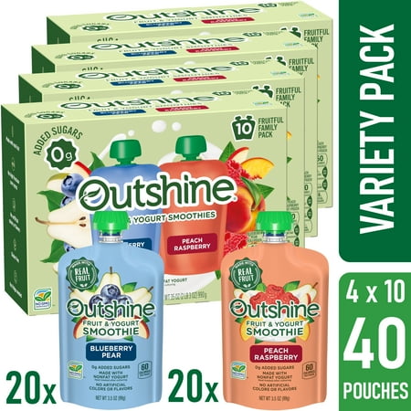 Outshine Fruit and Yogurt On the Go Smoothie Snacks, Blueberry Pear and Peach Raspberry Variety Pack, 3.5 oz Pouches (40 Pack)