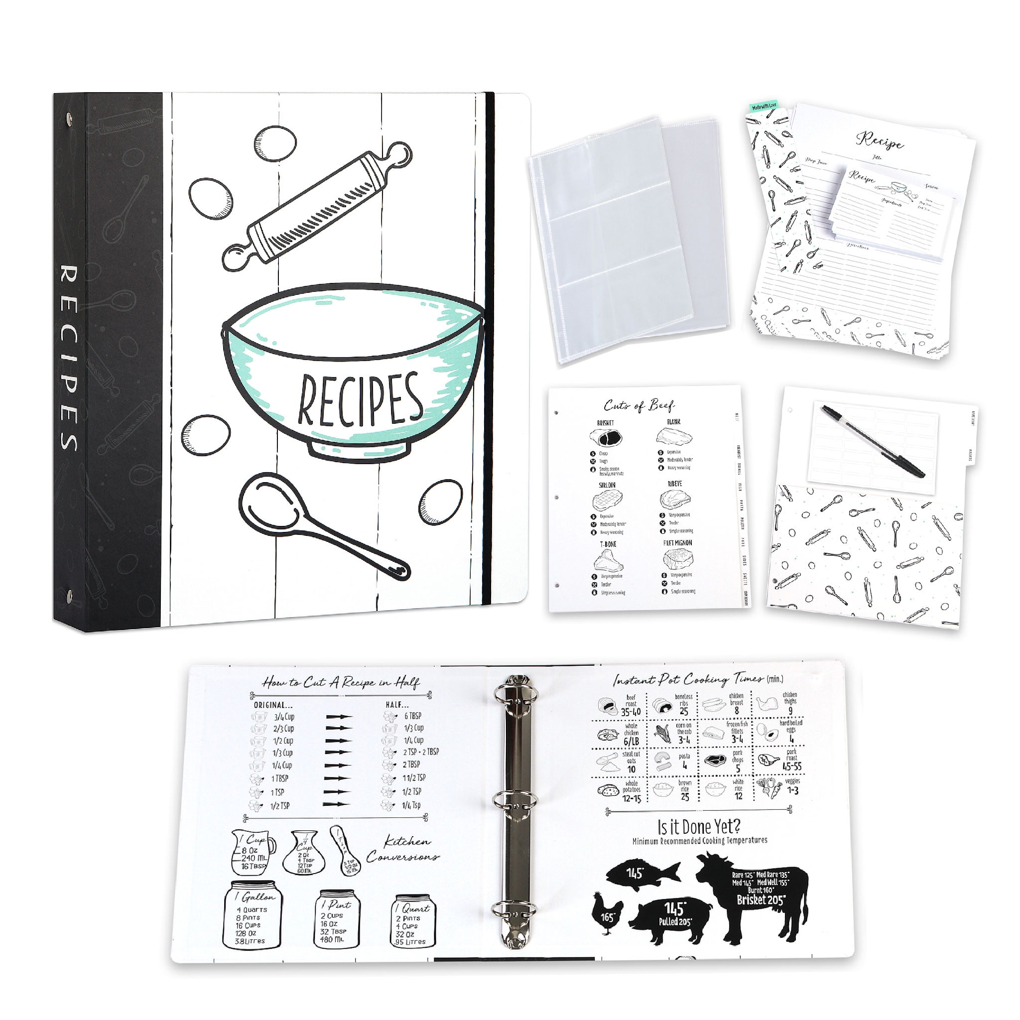 Recipe Binder, Blank Recipe Book to Write in Your Own Recipes, 3 Ring  Cookbook B