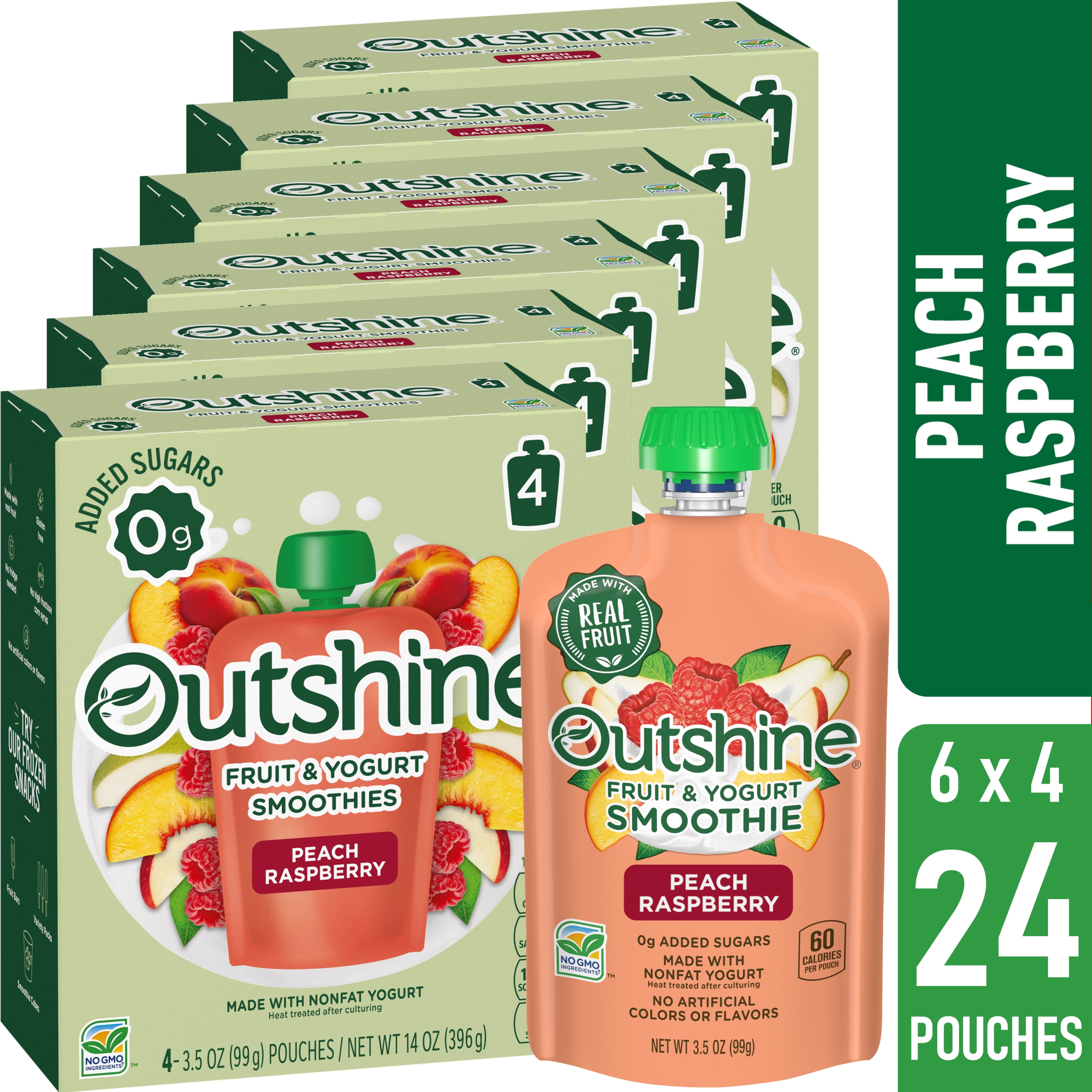 Outshine Fruit Smoothie Pouches, Peach Raspberry, 6 Packs, 3.5 oz Each, 24 Total Smoothie Pouches