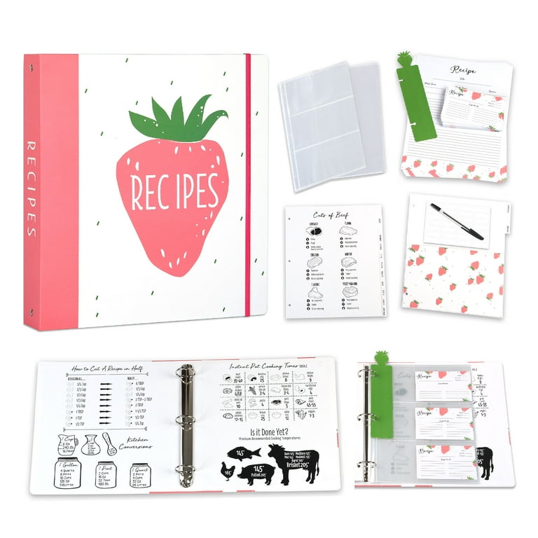 Outshine Strawberry Recipe Book Binder Set  Recipe Binder 8.5x11 3 Ring  with Cards and Dividers 