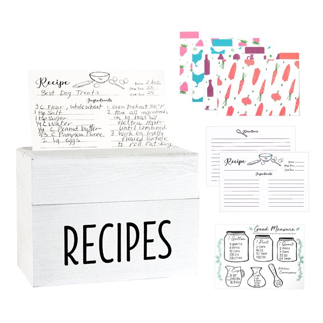Outshine White Wooden Large Recipe Box with Cards and Dividers Farmhouse Wood Recipe Box 4x6