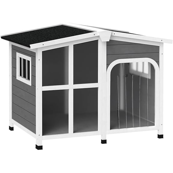 Outside Cabin-Style Wooden Dog House for Large Dogs with Openable Roof & Giant Window, Outdoor & Indoor Big Dog Shelter, Asphalt Roof