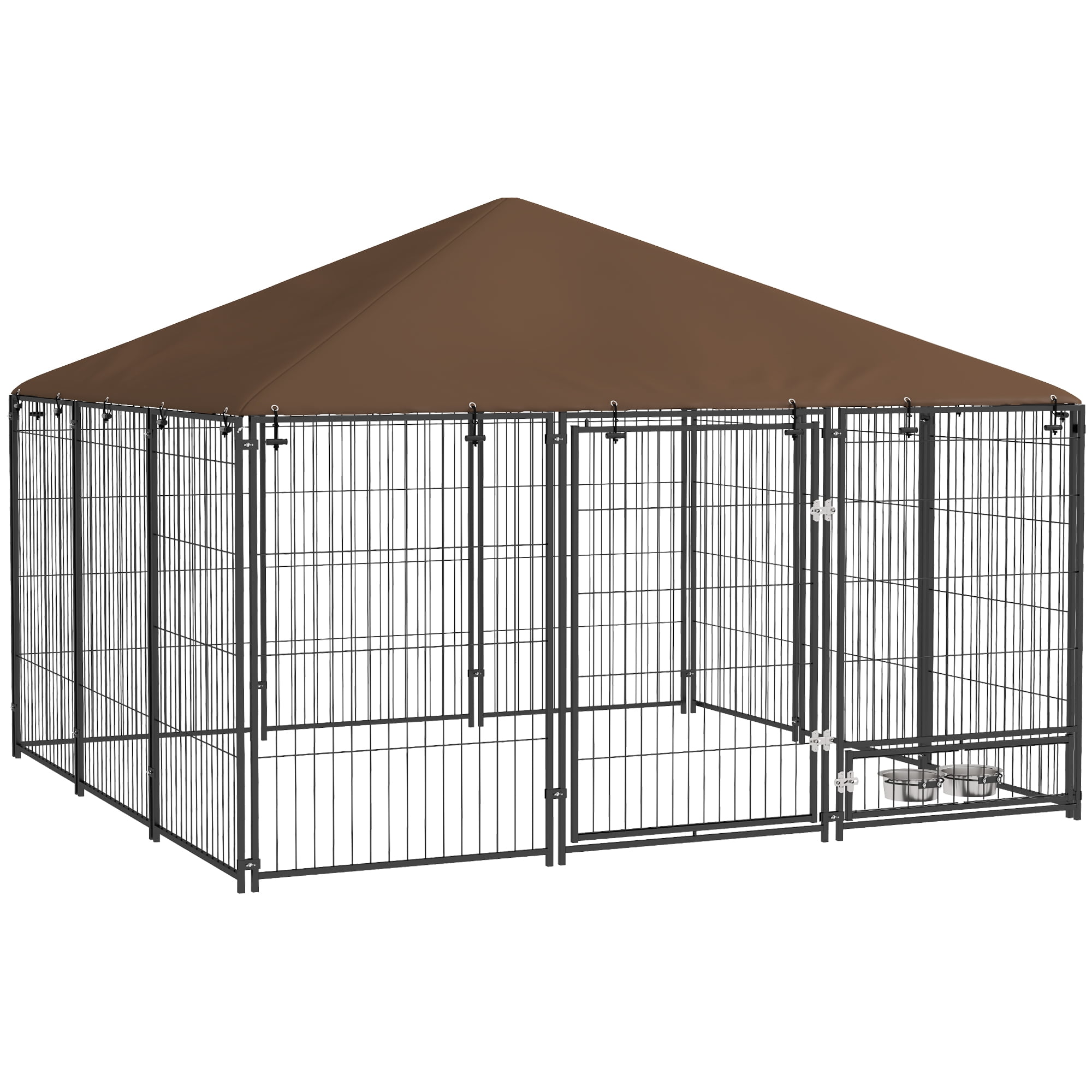 Outside Dog Kennel, Puppy Play Pen with Canopy, Garden Playpen Fence Crate Enclosure Cage Rotating Bowl, Coffee 6.9' x 6.9' x 5'