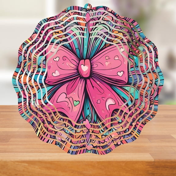 Versatility Pink Bow Metal Wind Spinner 10 inch Outdoor Garden Yard Decor