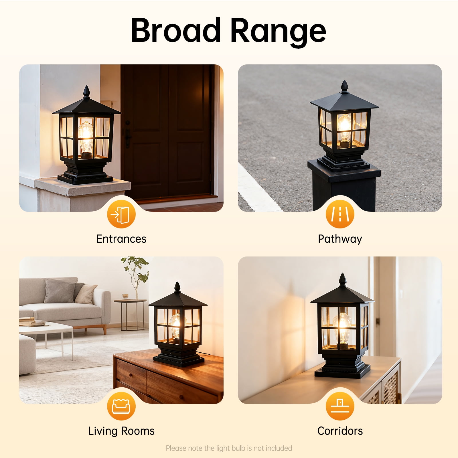 Outside Post Light, Wide Voltage(24V-240V) Black Outdoor Post Lantern, Retro Black Aluminum Alloy Lighting Fixture with E27 Bulb Base (Bulb Not Included), for Garden, Backyard, Patio