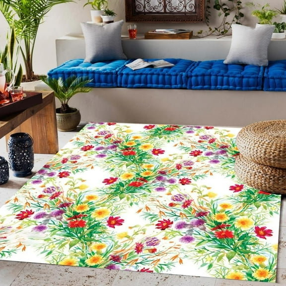 Outside Square Area Rugs Flowers Print Waterproof Spring Garden Patio Deck Balcony Porch Outdoor Rug No Slip Durable Livingroom Hallway Kitchen Floor Carpet Runner Mat 1x2ft