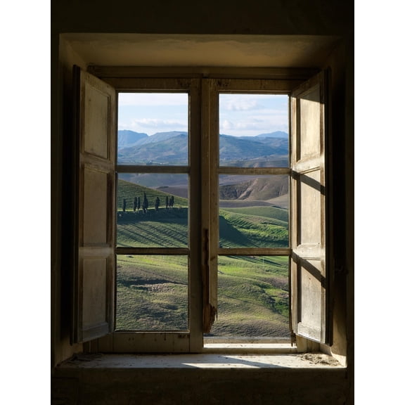 Art.com Outside View of Cypress Trees and Green Hills Through a Shabby Windows Photographic Print by ollirg, 12" x 16"