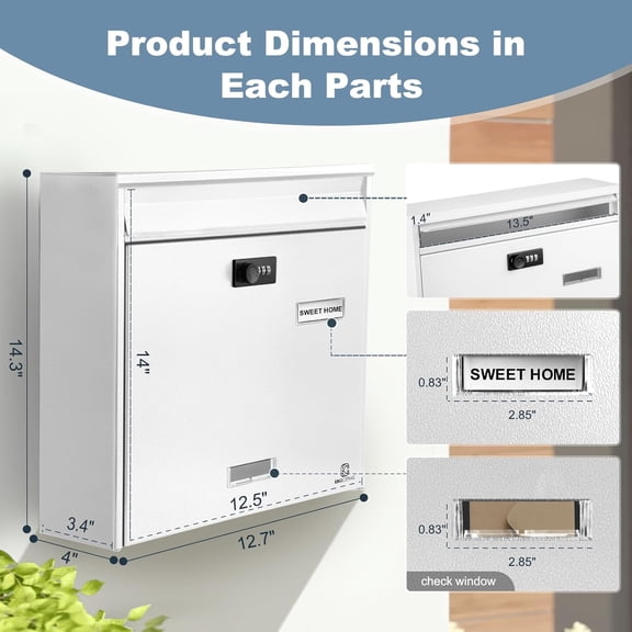 Outside Wall-Mounted Mailbox with Combination Lock, Large Capacity, Wall Mount Waterproof Postbox, Wall Installed Outdoor High Rust Resistance Letterbox (White)