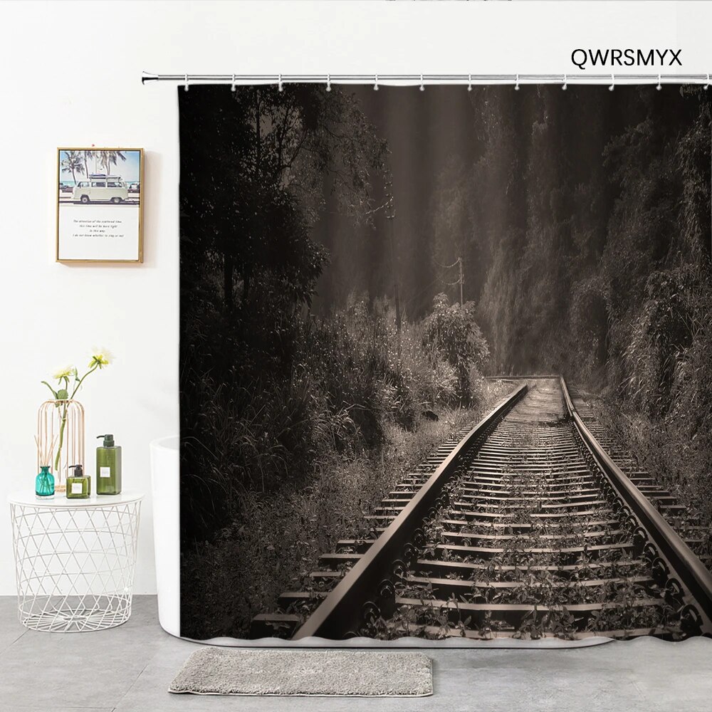 Outskirts Forest Railway Shower Curtain Hook Landscape Bath Curtain