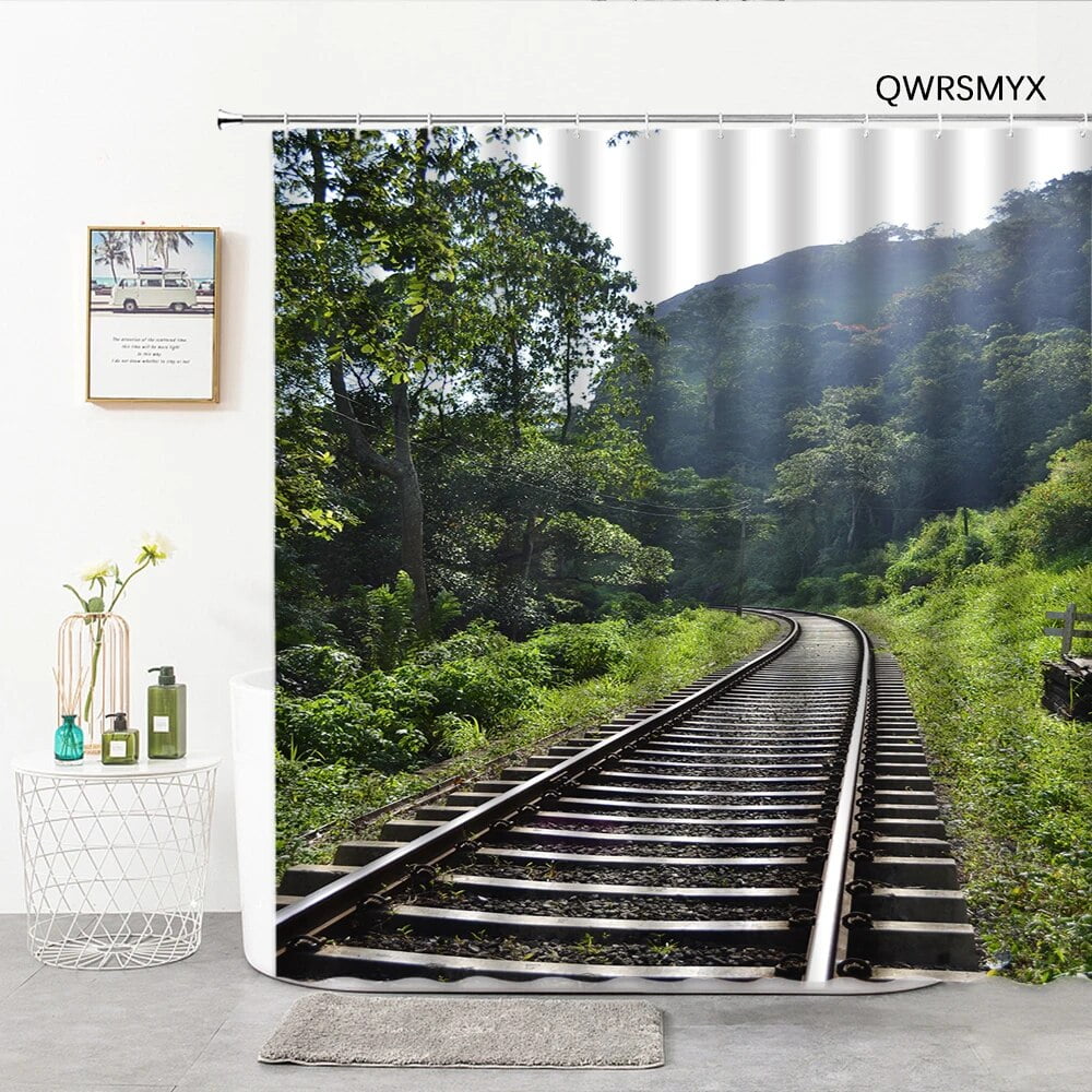 Outskirts Forest Railway Shower Curtain Hook Landscape Bath Curtain