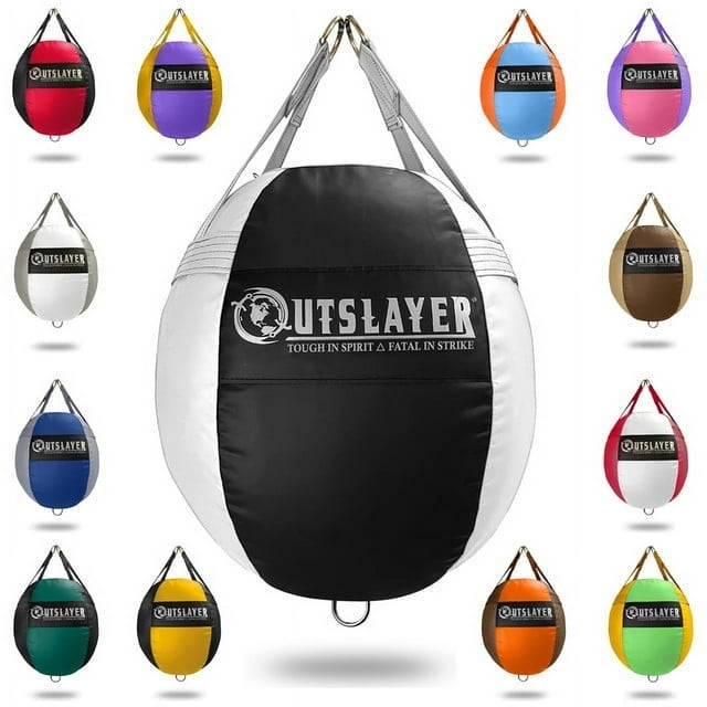 Outslayer 70lb Wrecking Ball Heavy Bag for Boxing, MMA, Muay Thai - Choose Custom Colors & Bottom D-Ring Option - USA Made (Black/White with Bottom D-Ring, Unfilled)